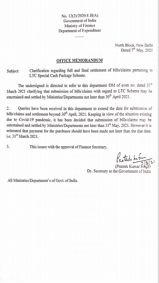 Settlement of full and final bills/claims pertaining to LTC Special Cash Package Scheme – Finmin O.M. dated 7-5-2021