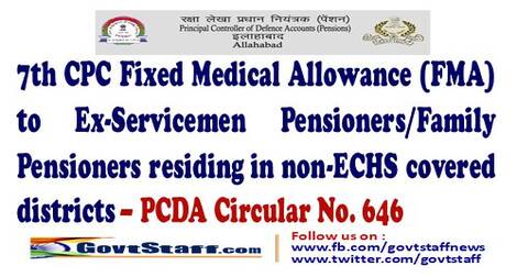 7th CPC Fixed Medical Allowance (FMA) to Ex-Servicemen Pensioners/Family Pensioners residing in non-ECHS covered districts – PCDA Circular No. 646