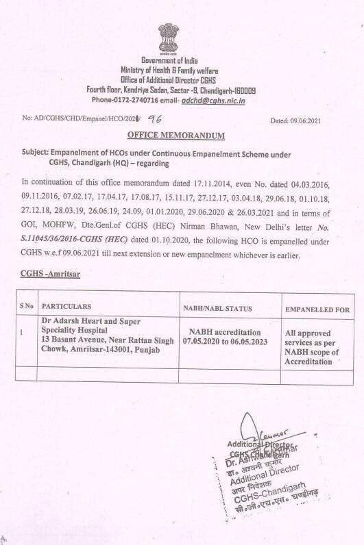 Empanelment of Dr Adarsh Heart and Super Speiality Hospital, Amritsar under CGHS from 07.05.2020 to 06.05.2023