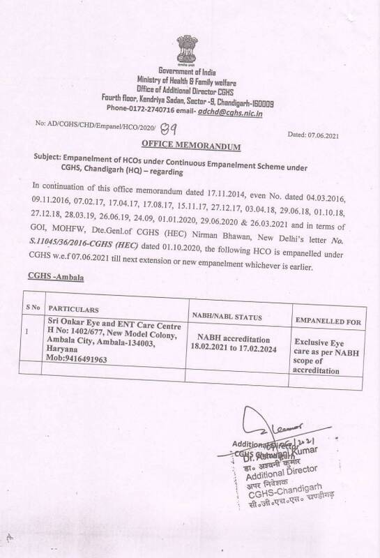 Empanelment of Sri Onkar Eye and ENT Care Centre, Ambala under CGHS from 18.02.2021 to 17.02.2024