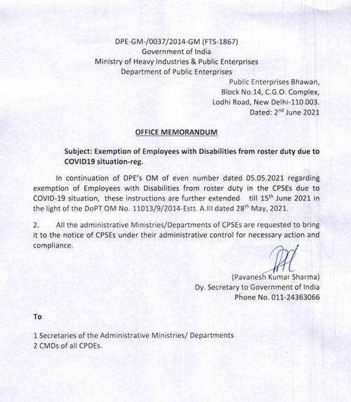 Exemption of Employees with Disabilities from roster duty due to COVID19 situation extended till 15th June 2021