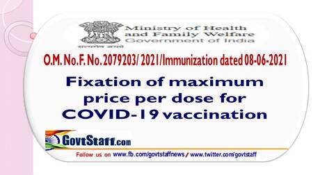 Fixation of maximum price per dose for COVID-19 vaccination – MoH&FW O.M F. No. 2079203/ 2021/Immunization dated 08th June, 2021