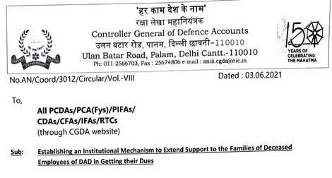 Nomination of an Officer to extend support to the Families of Deceased Employees of DAD in getting their Dues – Establishment of Institutional Mechanism reg.