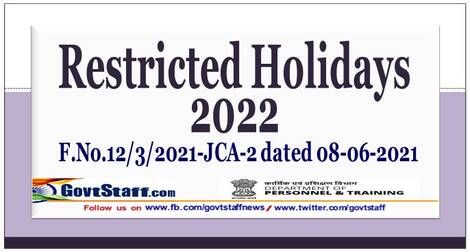 Restricted Holidays to be observed in Central Government Offices during year 2022