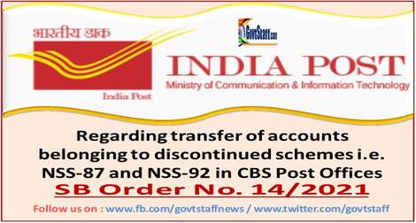 Transfer of accounts belonging to discontinued schemes i.e. NSS-87 and NSS-92 in CBS Post Offices – SB Order No. 14/2021