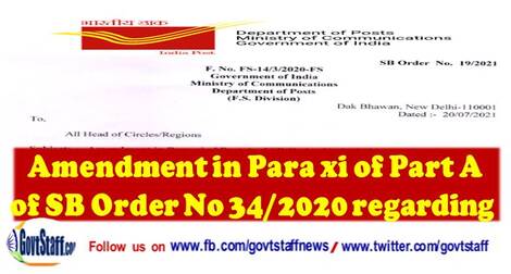 SB Order 19/2021: Amendment in Para xi of Part A of SB Order No 34/2020