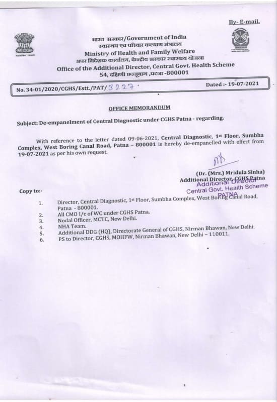 De-empanelment of Central Diagnostic under CGHS Patna