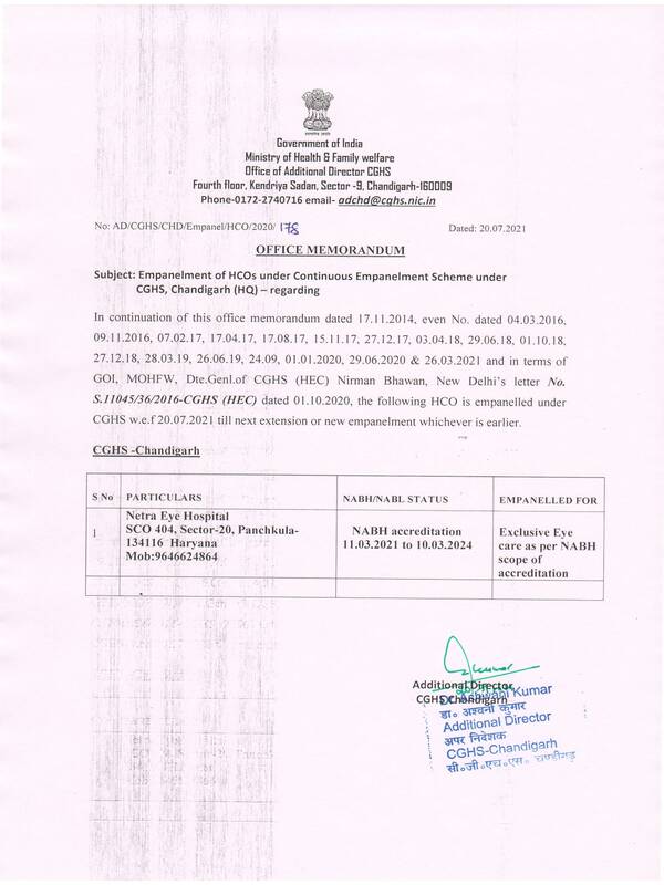 Empanelment of Netra Eye Hospital, Haryana under CGHS Chandigarh – CGHS O.M dated 20.07.2021 Empanelment of Netra Eye Hospital, Haryana under CGHS Chandigarh – CGHS O.M dated 20.07.2021