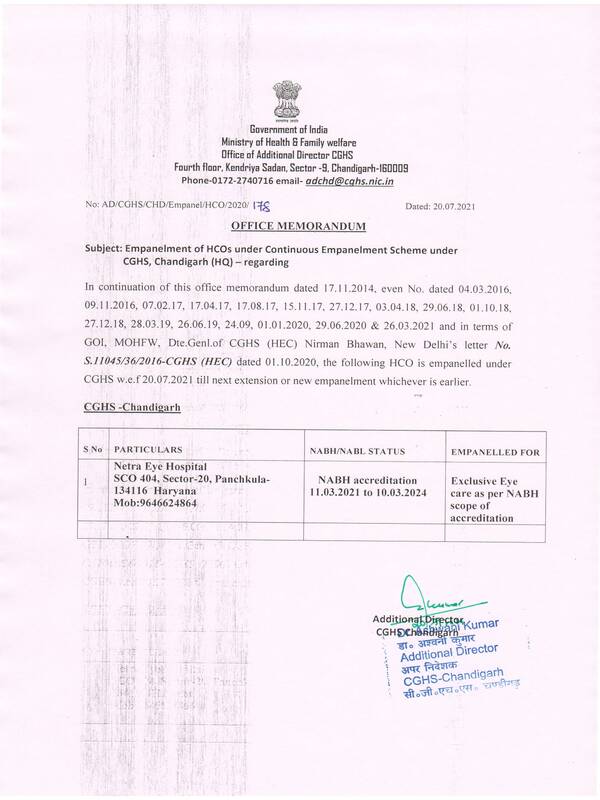 Empanelment of Netra Eye Hospital, Haryana under CGHS Chandigarh –  CGHS O.M dated 20.07.2021