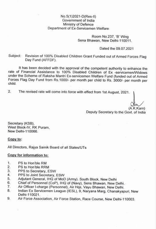 Rate for Disabled Children Grant Funded out of Armed Forces Flag Day Fund (AFFDF) revised from Rs.1000 to Rs.3000 per month per child