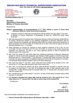 7th CPC House Rent Allowance (HRA) @ 27%, 18% and 9% for X, Y & Z class cities w.e.f. 1st January 2021: IRTSA writes to FinMin