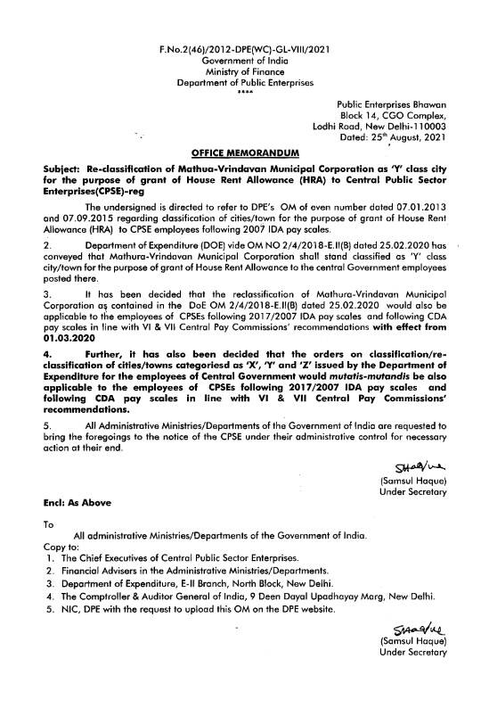 7th CPC HRA : Re-classification of Mathura-Vrindavan as ‘Y’ class city for House Rent Allowance to the employees of CPSEs