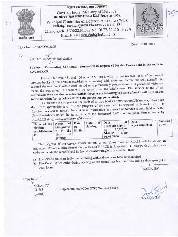Forwarding Additional information in respect of Service Books held in the units in LACR/IRCR
