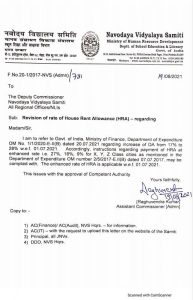 Revision of rate of House Rent Allowance (HRA) - Navodaya Vidyalaya