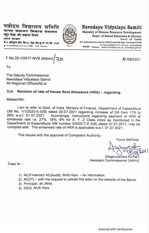 Revision of rate of House Rent Allowance (HRA) – Navodaya Vidyalaya