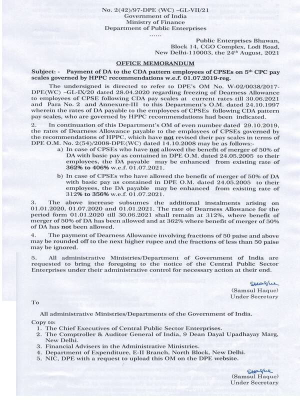 Dearness Allowance w.e.f 01.07.2021 to the CDA pattern employees of CPSEs on 5th CPC pay scales