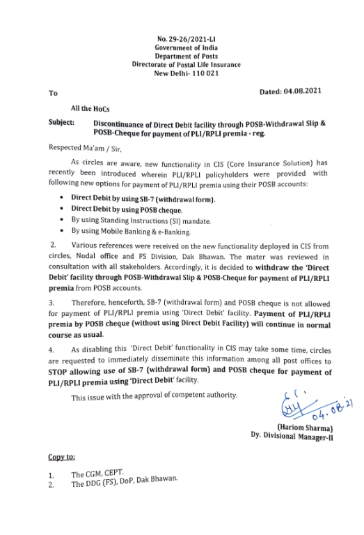 DoP: Discontinuance of Direct Debit facility for payment of PLI/RPLI premia through POSB-Withdrawal Slip & POSB-Cheque