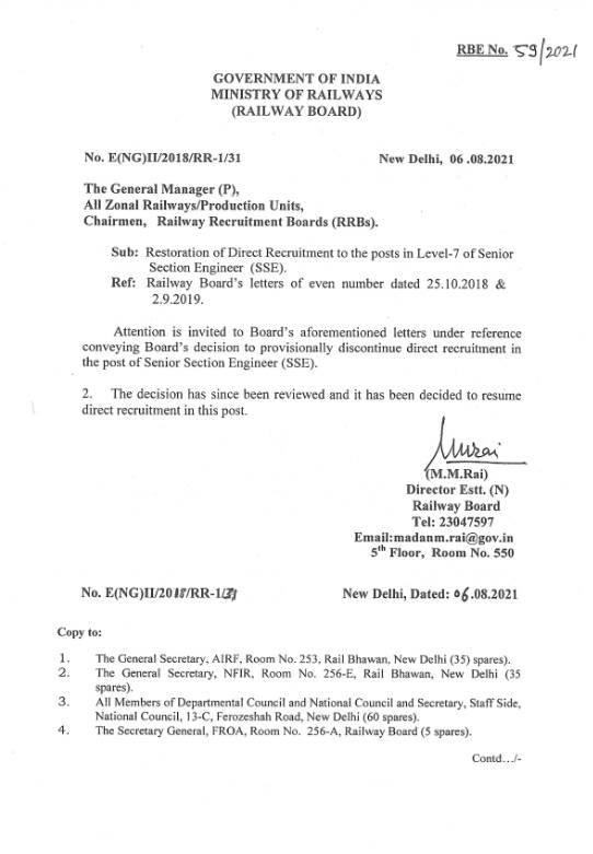 Restoration of Direct Recruitment to the posts in Level-7 of Senior Section Engineer (SSE) – RBE No. 59/2021 Restoration of Direct Recruitment to the posts in Level-7 of Senior Section Engineer (SSE) – RBE No. 59/2021