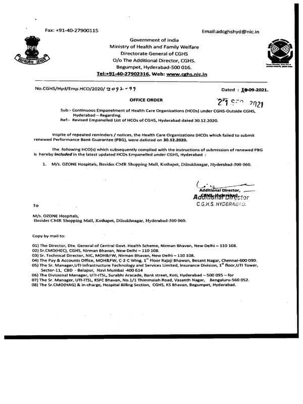 M/s. OZONE Hospitals, Hyderabad – Re-empanelled under CGHS Hyderabad M/s. OZONE Hospitals, Hyderabad – Re-empanelled under CGHS Hyderabad