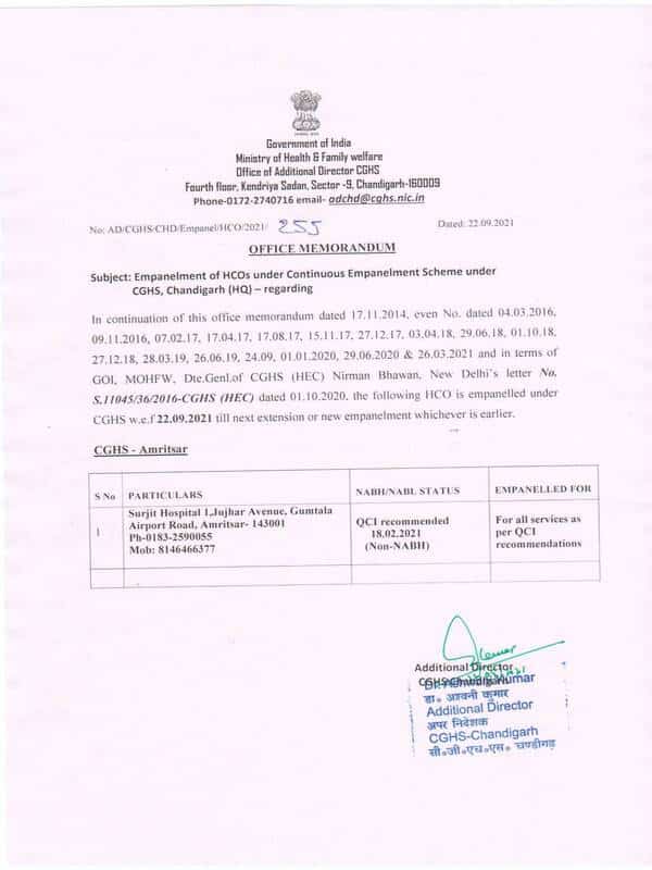 Surjit Hospital 1, Jujhar Avenue, Amritsar – Empanelled under CGHS Chandigarh w.e.f. 22.09.2021 Surjit Hospital 1, Jujhar Avenue, Amritsar – Empanelled under CGHS Chandigarh w.e.f. 22.09.2021