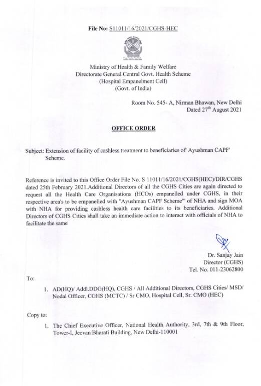 Cashless Treatment to beneficiaries of Ayushman CAPF Scheme – Extension of facilities reg