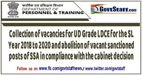 Collection of vacancies for UD Grade LDCE for the SL Year 2018 to 2020 and abolition of vacant sanctioned posts of SSA in compliance with the cabinet decision