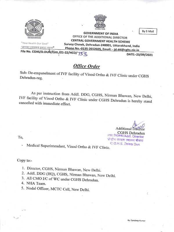 De-empanelment of IVF facility of Vinod Ortho & IVF Clinic under CGHS Dehradun