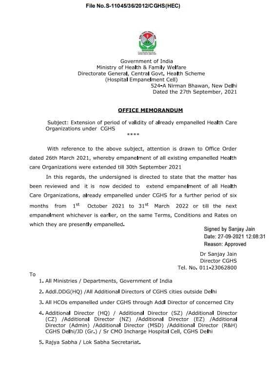 Extension of validity of already empanelled Health Care Organizations under CGHS till 31st March 2022 – CGHS O.M dated 27.09.2021