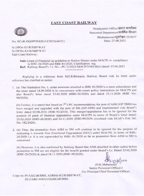 Grant of Financial up gradation to Station Master under MACPs in compliance to RBE-26/2020 and RBE-81/2020, Clarification