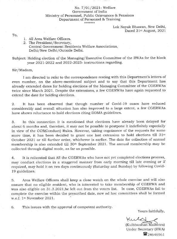 Holding election of the Managing/Executive Committee of the RWAs for the block year 2021-2022 and 2022-2023 – DoPT Instruction