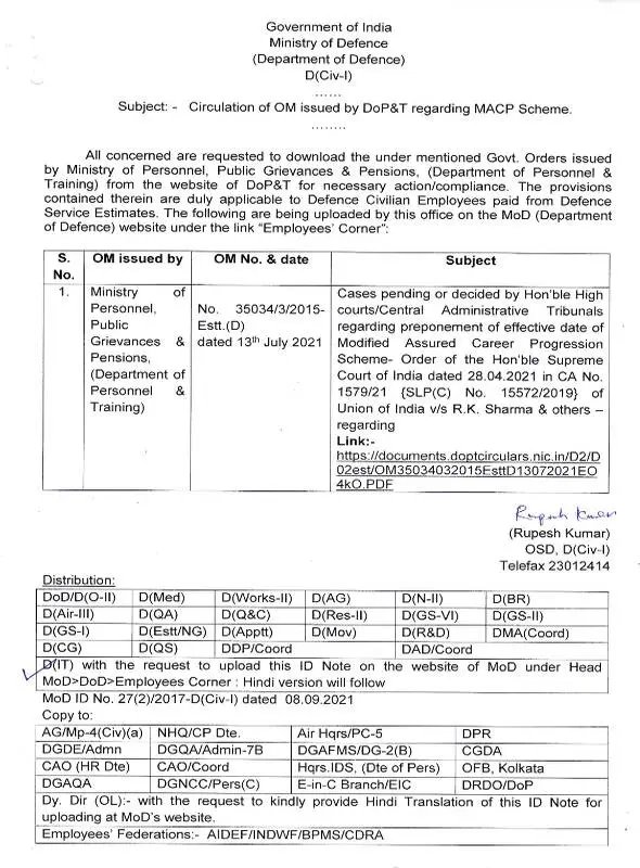 Preponement of effective date of MACP w.e.f. 01.01.2006 as per Supreme Court Order: MoD Order for Defence Civilian Employees