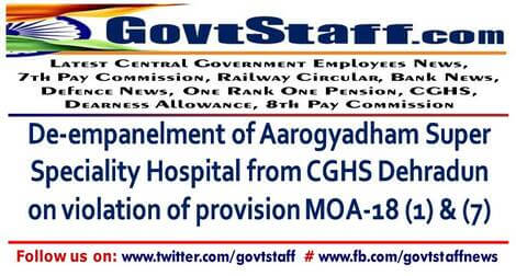 De-empanelment of Aarogyadham Super Speciality Hospital from CGHS Dehradun on violation of provision MOA-18 (1) & (7) – CGHS order dated 08/10/2021