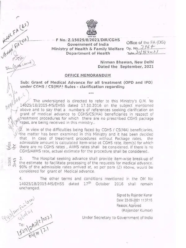 Clarification on Grant of Medical Advance for all treatment (OPD and IPD) under CGHS / CS(MS) Rules