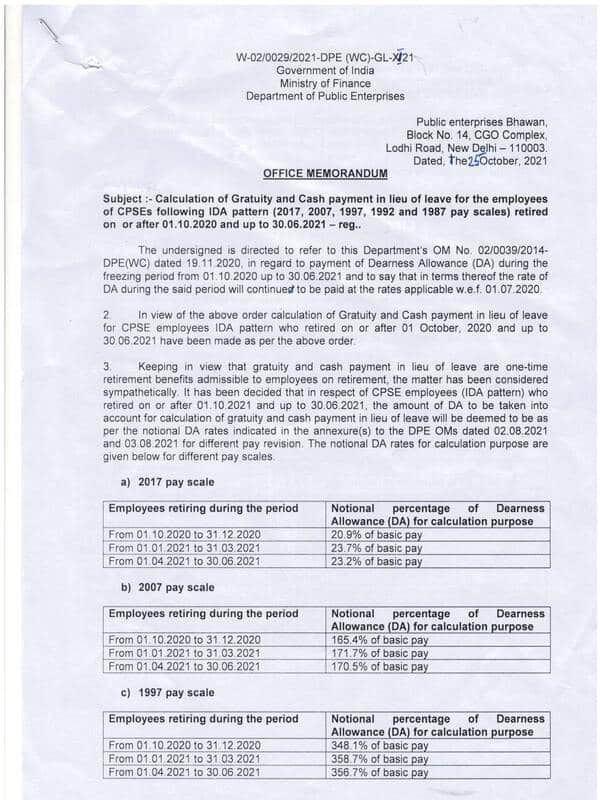 Gratuity and Cash payment in lieu of leave for the employees of CPSEs following IDA pattern and retired on or after 01.10.2020 and up to 30.06.2021 