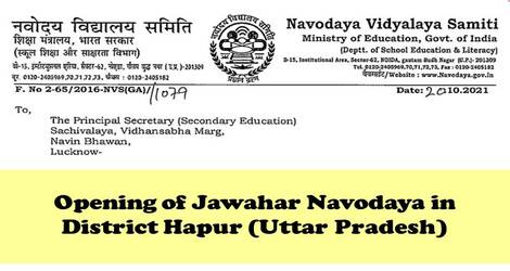 Opening of Jawahar Navodaya Vidyalaya in Hapur (Uttar Pradesh) – NVS Order dated 20.10.2021