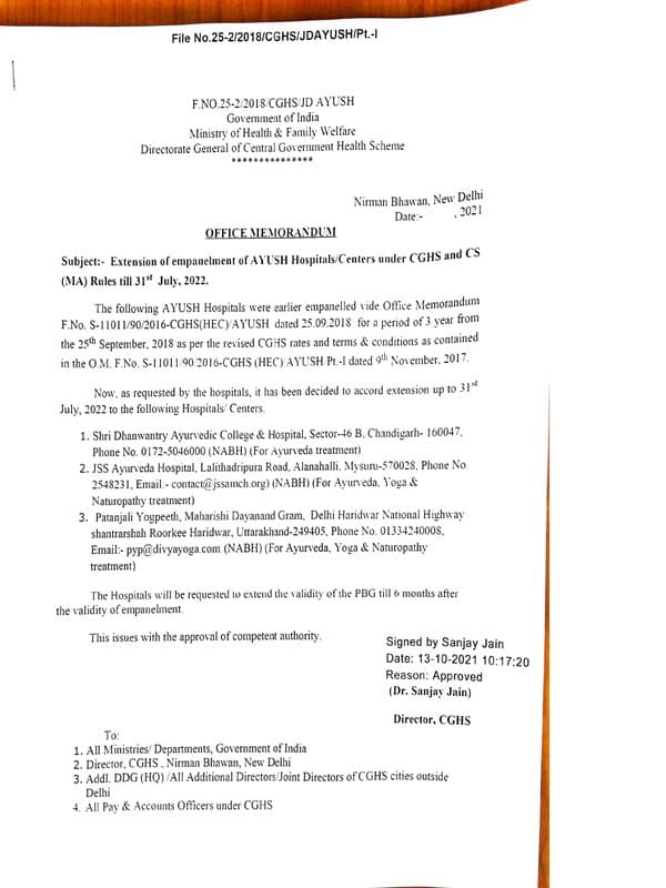 Shri Dhanwantry Ayurvedic C&H Chandigarh, JSS  Ayurveda Hospital Mysuru and Patanjali Yogpeeth Haridwar: Empanelment extended upto 31st July, 2022