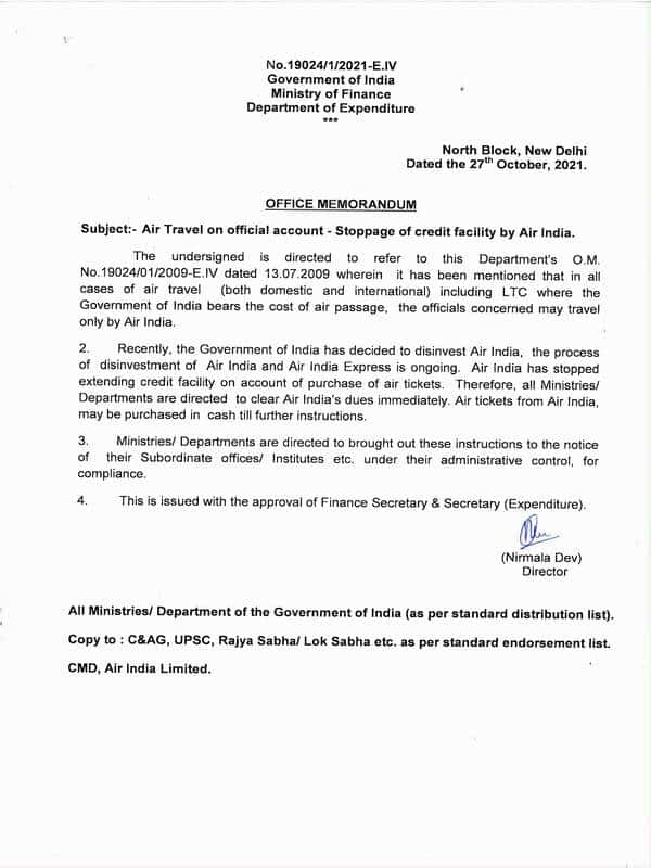 Stoppage of credit facility by Air India in case of Air Travel on official tour including LTC due to disinvestment of Air India