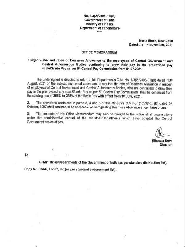 5th CPC Dearness Allowance from July-2021 @ 368% for employees of Central Autonomous Bodies: Fin Min Order dated 01.11.2021