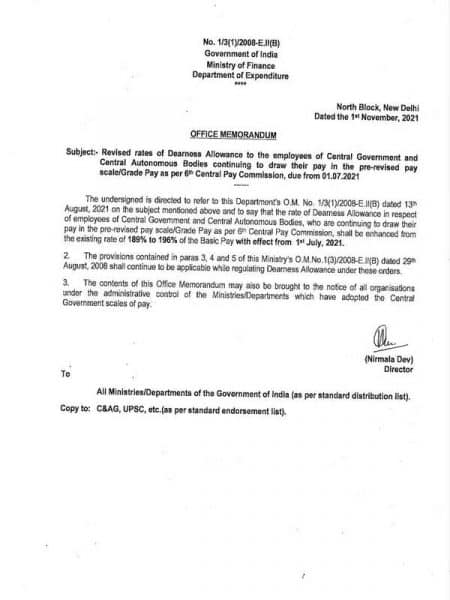 6th CPC Dearness Allowance from July-2021 @ 196% for employees of Central Autonomous Bodies Fin Min Order dated 01.11.2021