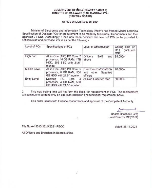 Model Technical Specification of Desktop PCs – Railway Board Office Order No. 63/2021