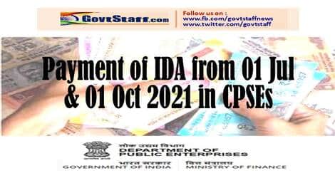 Payment of IDA from 01 Jul & 01 Oct 2021 in CPSEs: Revision of scales of pay w.e.f. 01.01.1997