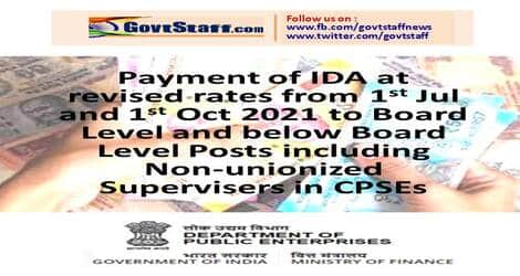 Payment of IDA from 01 Jul & 01 Oct 2021 in CPSEs: Revision of scales of pay w.e.f. 01.01.2007