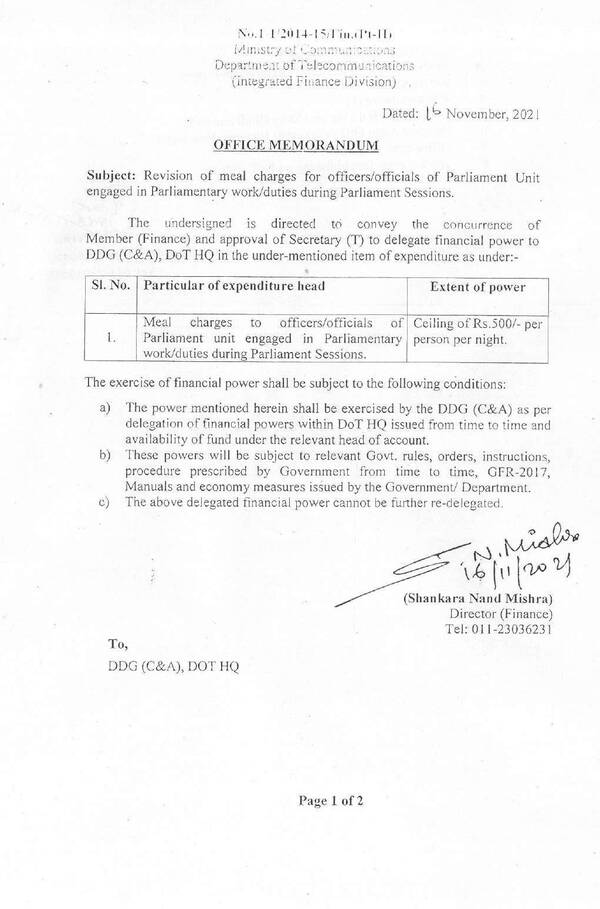 Revision of meal charges for officers/officials of Parliament Unit engaged in Parliamentary work/duties during Parliament Sessions