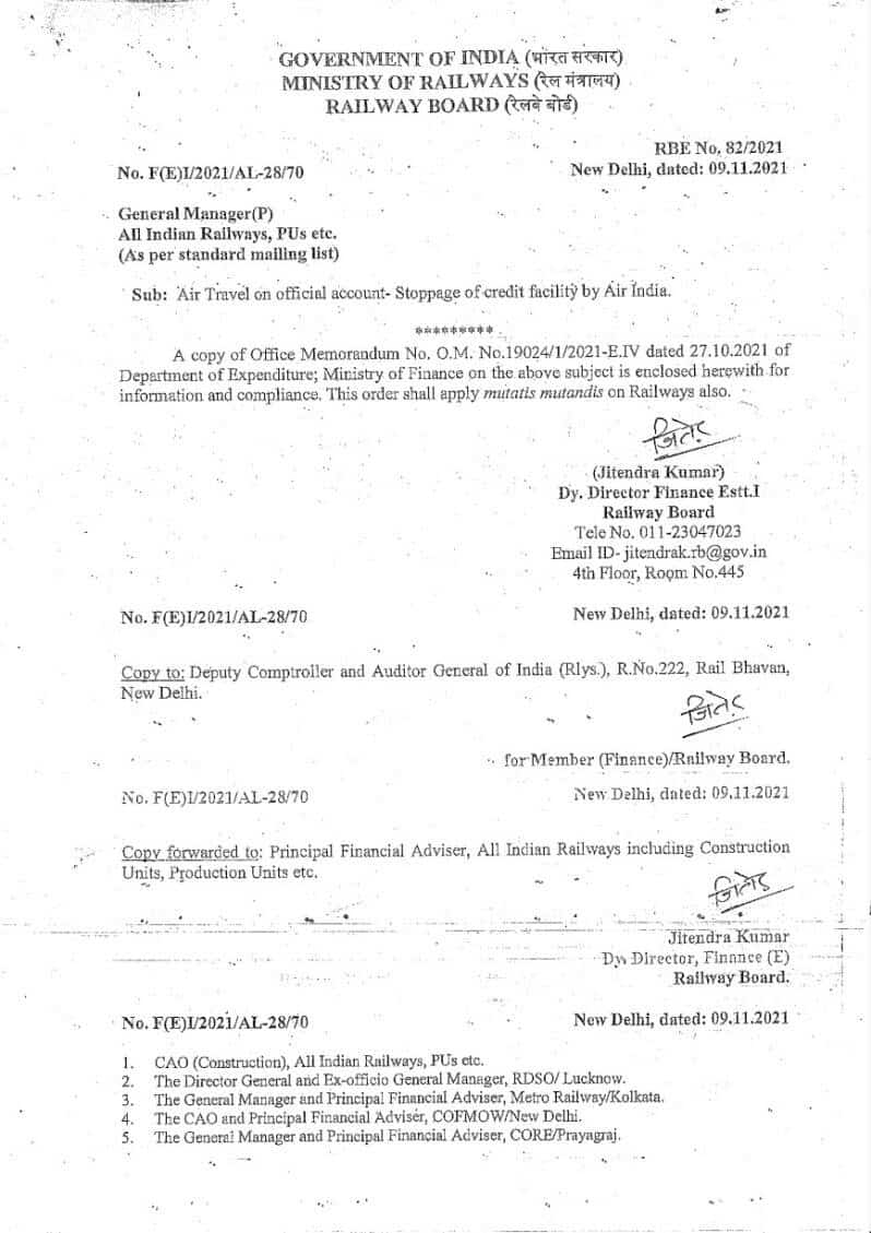 Stoppage of credit facility by Air India for Air travel on official account: Railway Board Order RBE No. 82/2021