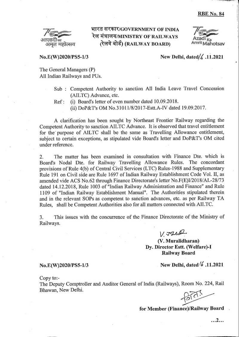All India Leave Travel Concession (AILTC) Advance – Competent Authority to sanction: Railway Board RBE No. 84/2021