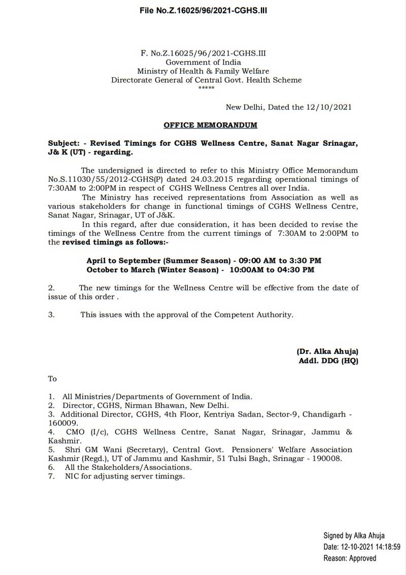 CGHS: Revised Timings for CGHS Wellness Centre, Sanat Nagar Srinagar, J& K (UT)