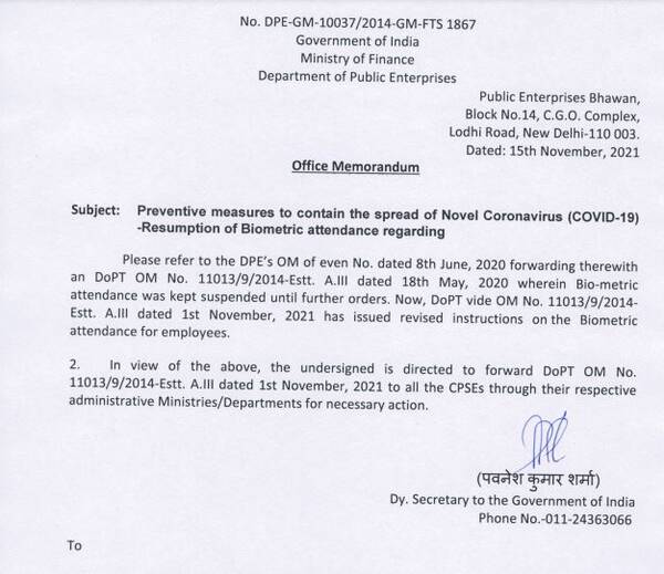 Preventive measures to contain the spread of Novel Coronavirus (COVID-19) -Resumption of Biometric attendance