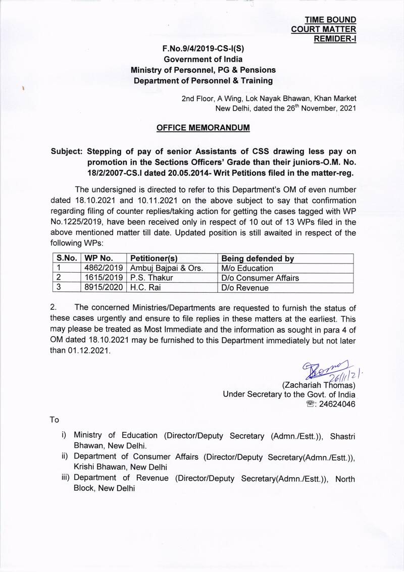 Stepping of pay of senior Assistants of CSS drawing less pay on promotion in the Sections Officers’ Grade than their juniors-O.M. No. 18/2/2007-CS.1 dated 20.05.2014- Writ Petitions filed in the matter