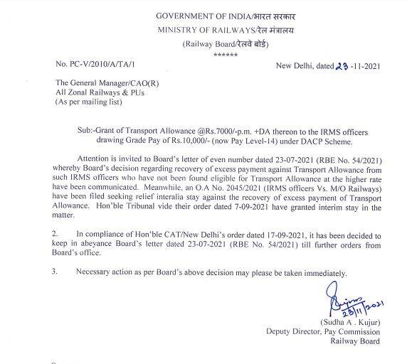 Transport Allowance @Rs.7000/-pm+DA to IRMS Officers drawing GP of Rs.10000 (Level-14) under DACP Scheme: Stay on Recovery