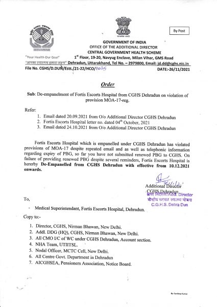 De-empanelment of Fortis Escorts Hospital from CGHS Dehradun on violation of provision MOA-17